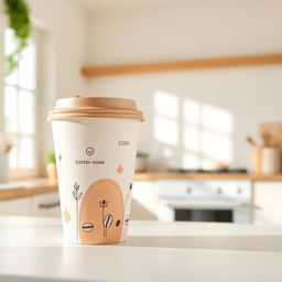 A minimalist design for a cardboard coffee cup, featuring a cozy, homey style