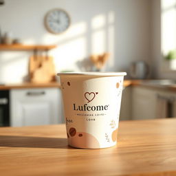 A minimalist design for a cardboard coffee cup, featuring a cozy, homey style