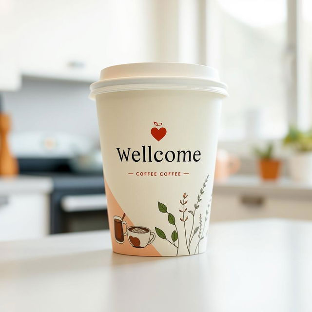 A minimalist design for a cardboard coffee cup, featuring a cozy, homey style