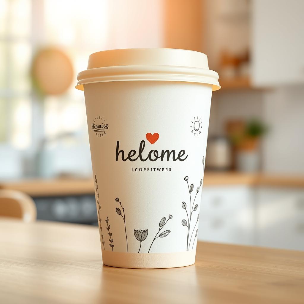 A minimalist design for a cardboard coffee cup, featuring a cozy, homey style