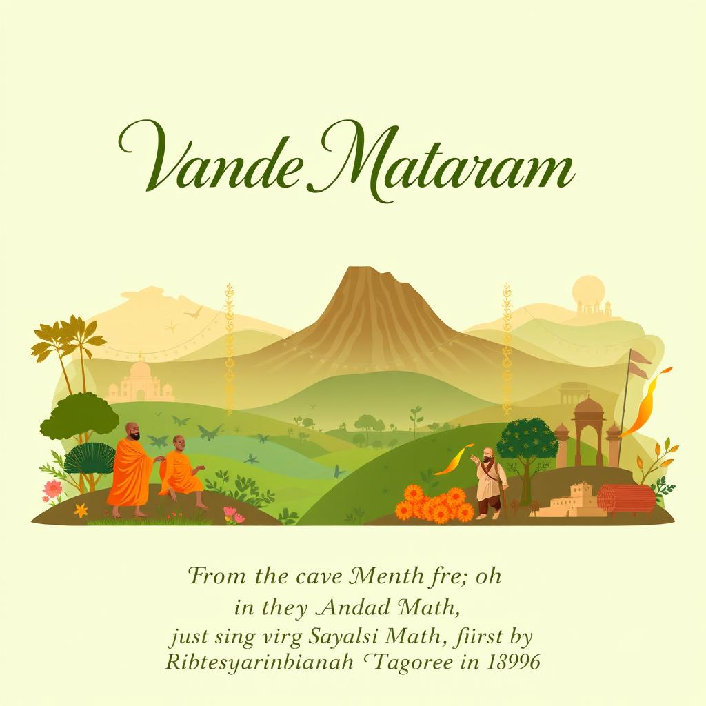 An artistic representation celebrating the song 'Vande Mataram' composed by BCC in the novel 'Anand Math', which is centered around the Sanyasi Revolt