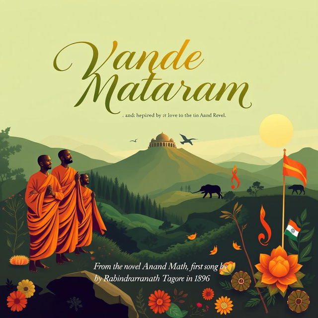 An artistic representation celebrating the song 'Vande Mataram' composed by BCC in the novel 'Anand Math', which is centered around the Sanyasi Revolt