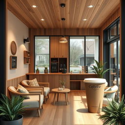 A cozy home-style coffee shop designed in a minimalist aesthetic, featuring an open floor plan with wooden accents and warm lighting