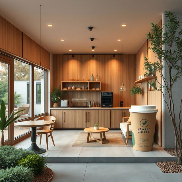 A cozy home-style coffee shop designed in a minimalist aesthetic, featuring an open floor plan with wooden accents and warm lighting