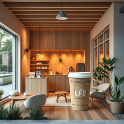 A cozy home-style coffee shop designed in a minimalist aesthetic, featuring an open floor plan with wooden accents and warm lighting