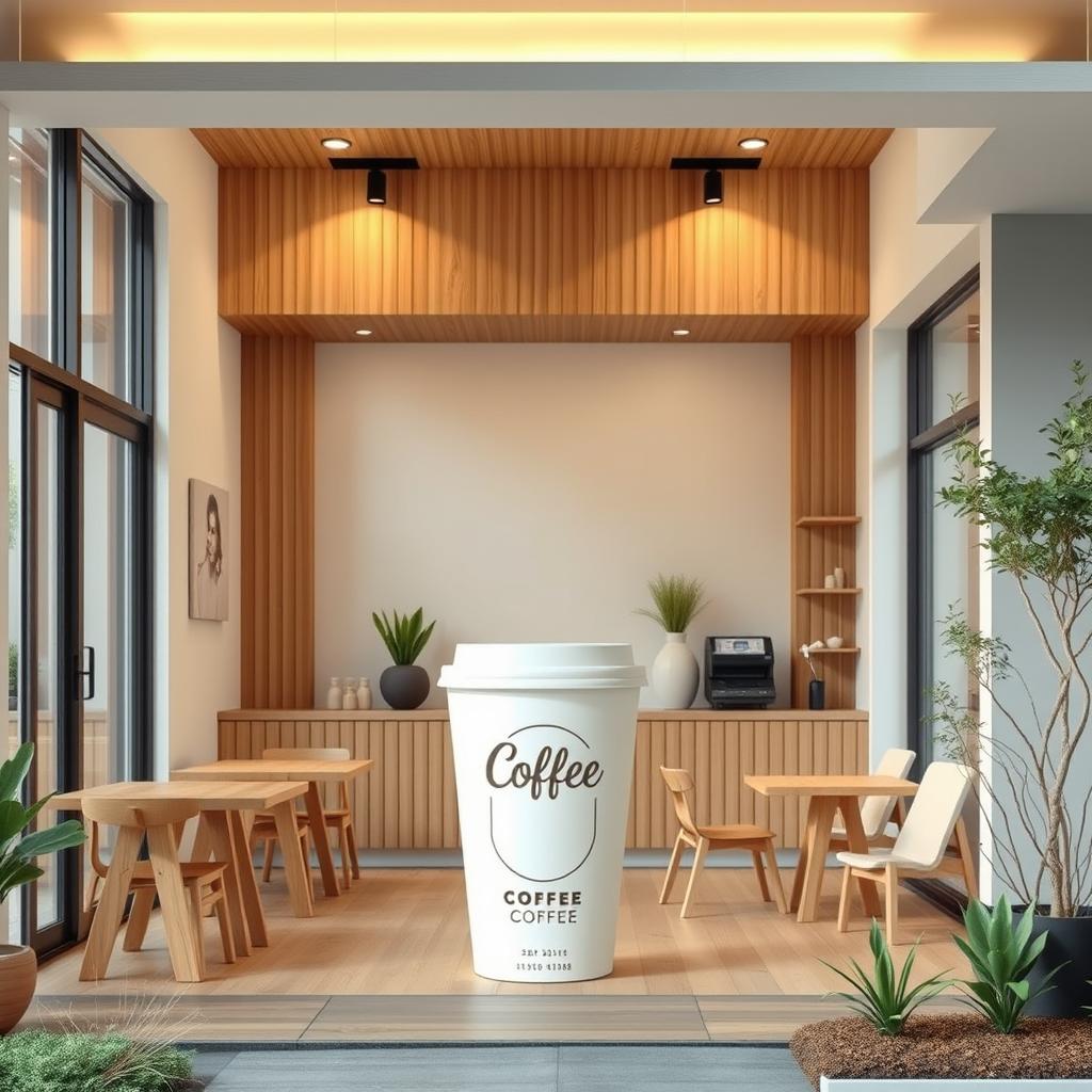 A cozy home-style coffee shop designed in a minimalist aesthetic, featuring an open floor plan with wooden accents and warm lighting