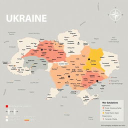 A detailed, stylized map of Ukraine showcasing the current situation in the ongoing war