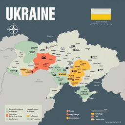 A detailed, stylized map of Ukraine showcasing the current situation in the ongoing war