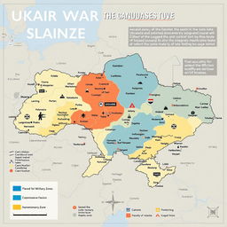 A detailed, stylized map of Ukraine showcasing the current situation in the ongoing war