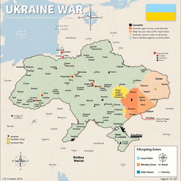 A detailed, stylized map of Ukraine showcasing the current situation in the ongoing war