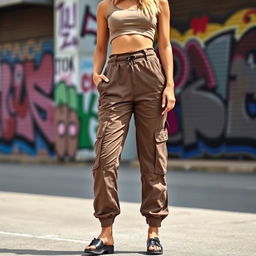 A stylish woman wearing high-waisted cargo pants with a modern cut, featuring side pockets and a slightly loose fit