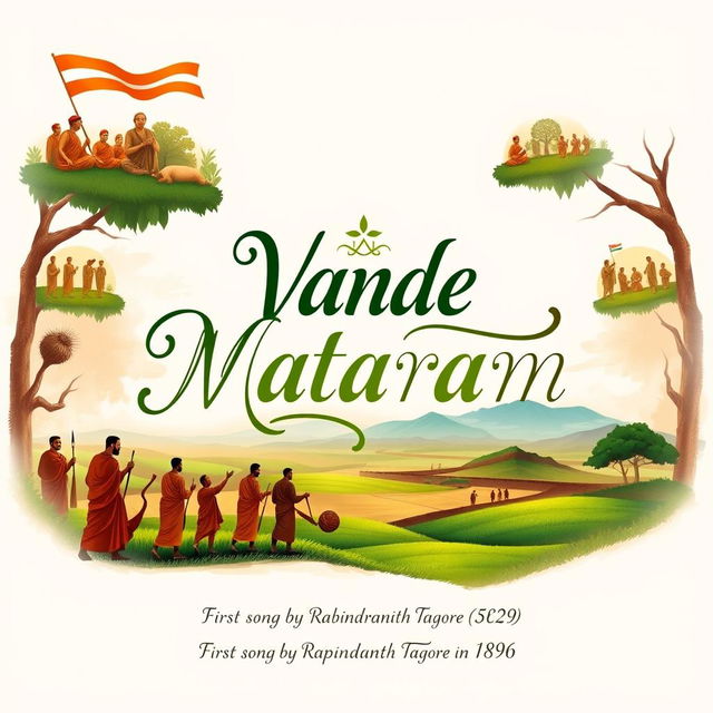 An artistic illustration celebrating the song 'Vande Mataram', composed by Bankim Chandra Chatterjee (BCC) in the novel 'Anand Math', focused on the theme of the Sanyasi Revolt