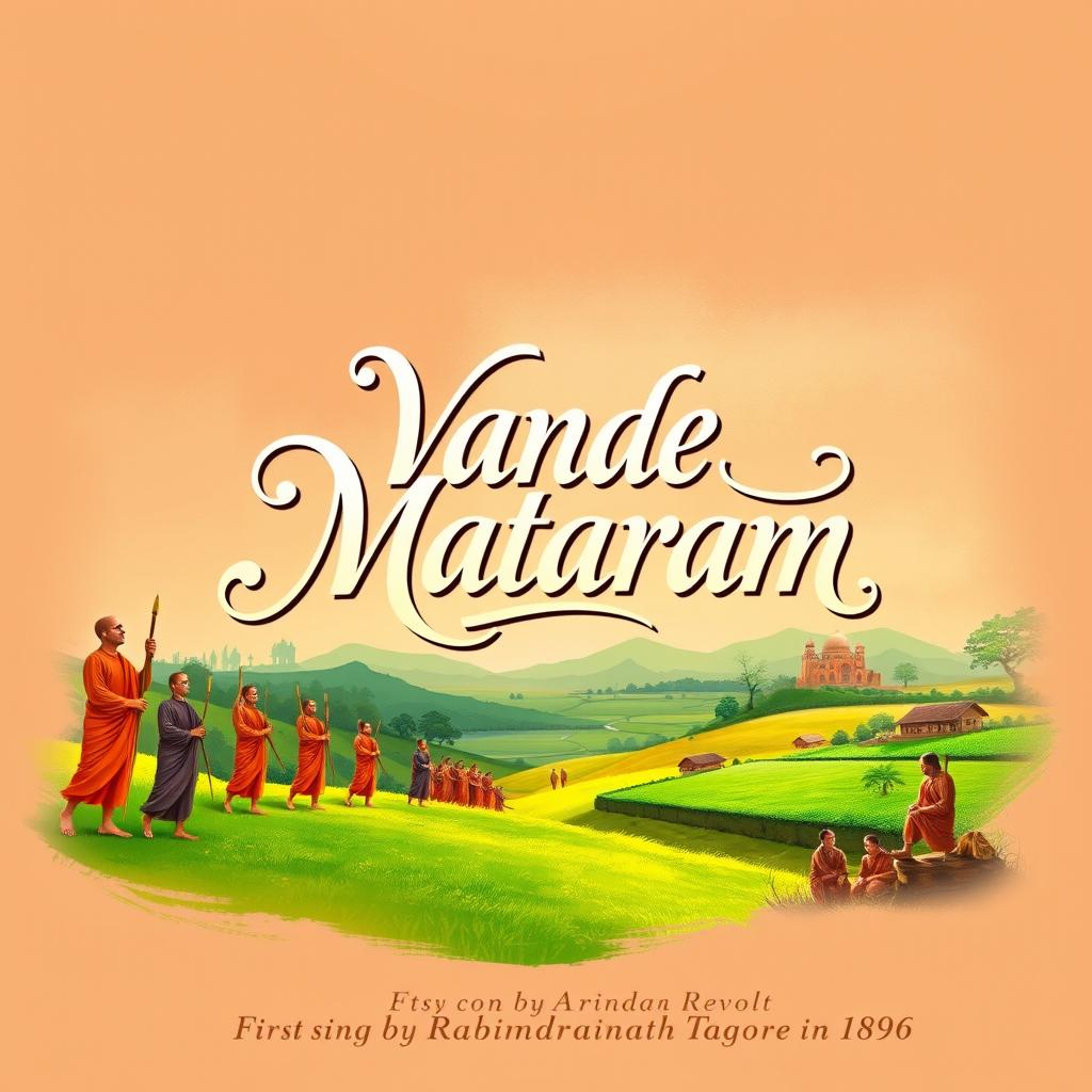 An artistic illustration celebrating the song 'Vande Mataram', composed by Bankim Chandra Chatterjee (BCC) in the novel 'Anand Math', focused on the theme of the Sanyasi Revolt