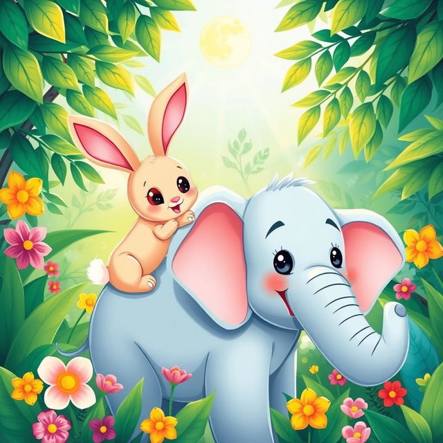 A colorful and whimsical illustration featuring a rabbit interacting with a playful elephant