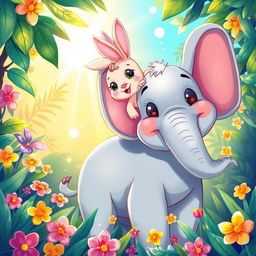 A colorful and whimsical illustration featuring a rabbit interacting with a playful elephant