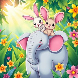 A colorful and whimsical illustration featuring a rabbit interacting with a playful elephant