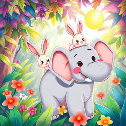 A colorful and whimsical illustration featuring a rabbit interacting with a playful elephant
