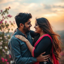 A romantic scene between two people named Ravi and Nidhi, set in a beautiful outdoor setting during sunset