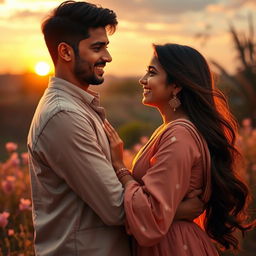 A romantic scene between two people named Ravi and Nidhi, set in a beautiful outdoor setting during sunset