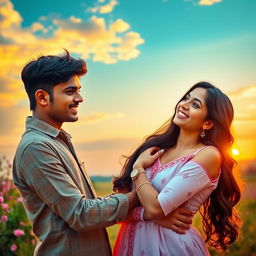 A romantic scene between two people named Ravi and Nidhi, set in a beautiful outdoor setting during sunset