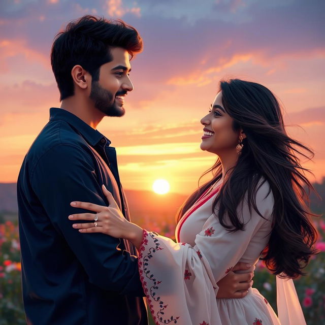 A romantic scene between two people named Ravi and Nidhi, set in a beautiful outdoor setting during sunset