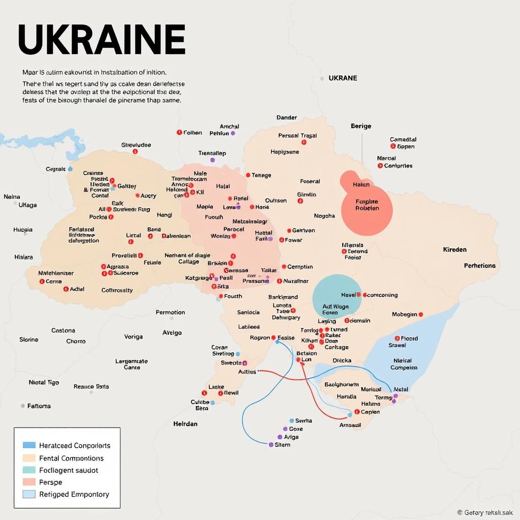 Detailed map of Ukraine showcasing the current situation in the ongoing war, highlighting major cities, territories controlled by different factions, and conflict zones
