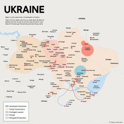 Detailed map of Ukraine showcasing the current situation in the ongoing war, highlighting major cities, territories controlled by different factions, and conflict zones
