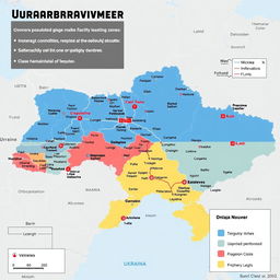 Detailed map of Ukraine showcasing the current situation in the ongoing war, highlighting major cities, territories controlled by different factions, and conflict zones