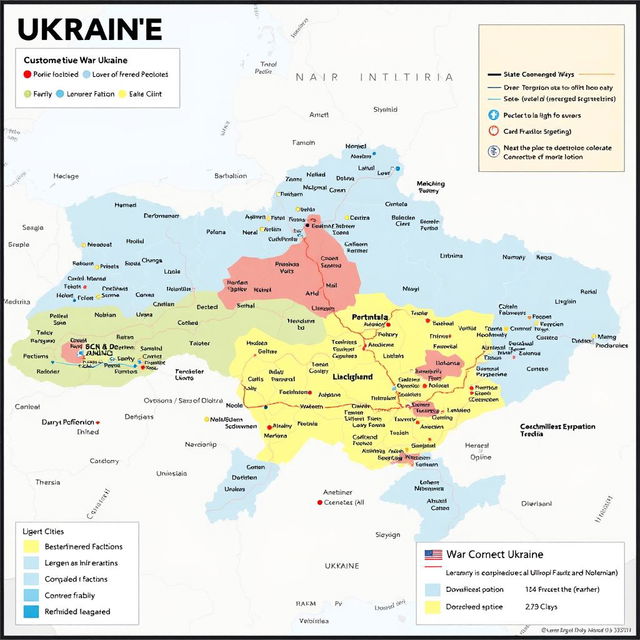 Detailed map of Ukraine showcasing the current situation in the ongoing war, highlighting major cities, territories controlled by different factions, and conflict zones