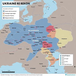 Detailed map of Ukraine showcasing the current situation in the ongoing war, highlighting major cities, territories controlled by different factions, and conflict zones