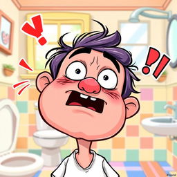A humorous and exaggerated cartoon of a person experiencing a comical and chaotic moment, with vibrant colors and exaggerated facial expressions