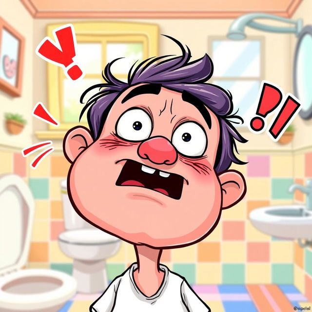 A humorous and exaggerated cartoon of a person experiencing a comical and chaotic moment, with vibrant colors and exaggerated facial expressions