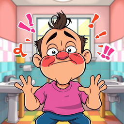 A humorous and exaggerated cartoon of a person experiencing a comical and chaotic moment, with vibrant colors and exaggerated facial expressions
