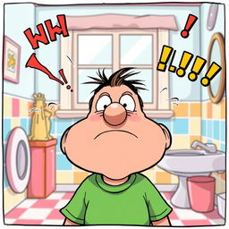 A humorous and exaggerated cartoon of a person experiencing a comical and chaotic moment, with vibrant colors and exaggerated facial expressions
