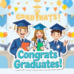 A vibrant and festive sticker design celebrating the graduation of two boys and a girl from medical school