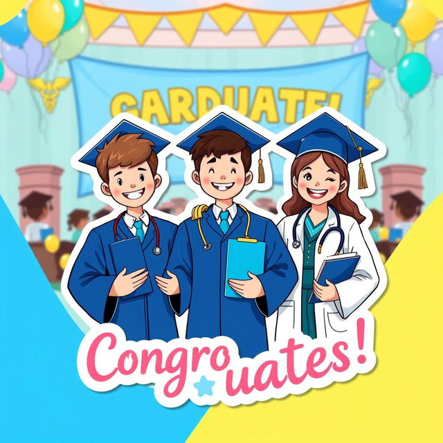 A vibrant and festive sticker design celebrating the graduation of two boys and a girl from medical school