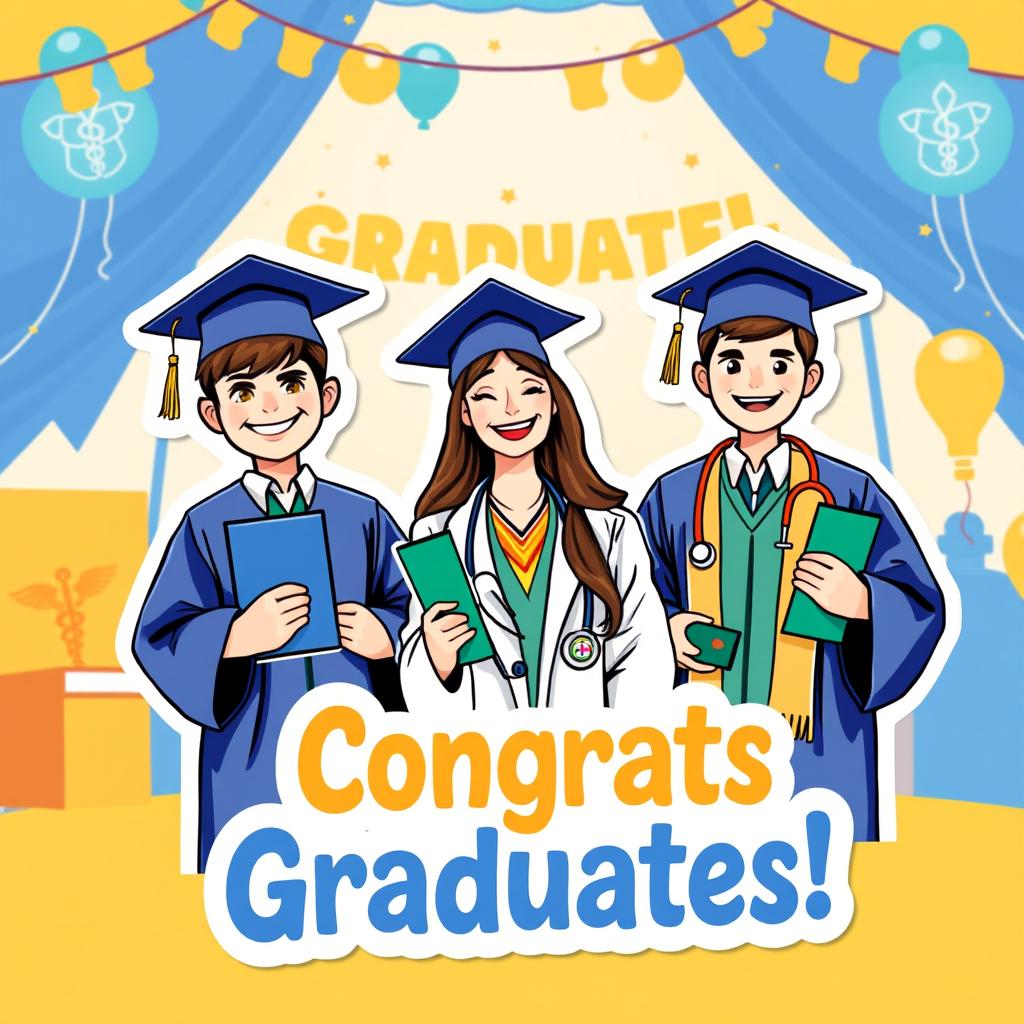 A vibrant and festive sticker design celebrating the graduation of two boys and a girl from medical school