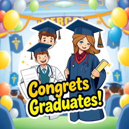 A vibrant and festive sticker design celebrating the graduation of two boys and a girl from medical school