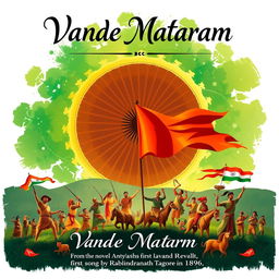 A vibrant artistic illustration representing the song 'Vande Mataram', composed by Bankim Chandra Chatterjee (BCC) in the novel 'Anand Math', which revolves around the theme of the Sanyasi Revolt