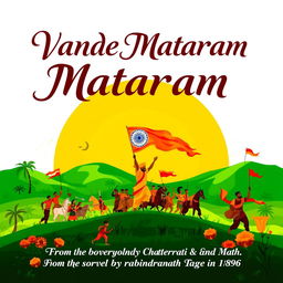 A vibrant artistic illustration representing the song 'Vande Mataram', composed by Bankim Chandra Chatterjee (BCC) in the novel 'Anand Math', which revolves around the theme of the Sanyasi Revolt