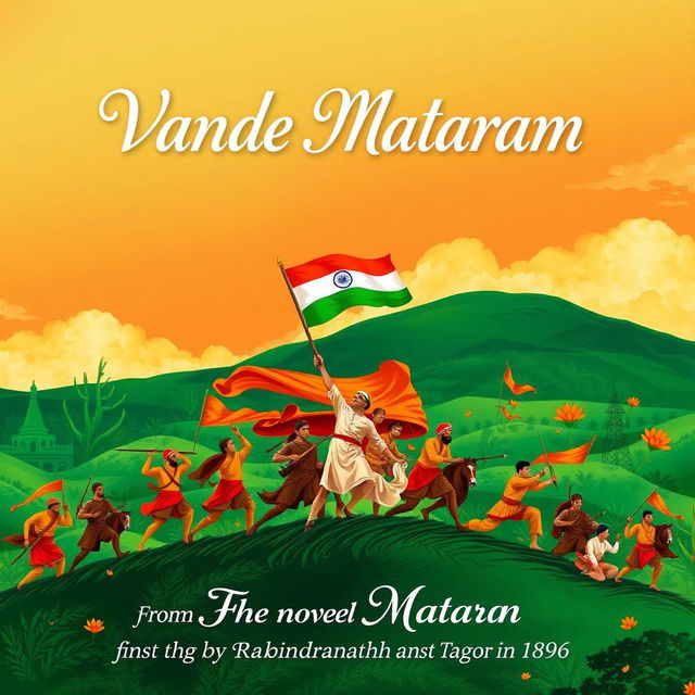 A vibrant artistic illustration representing the song 'Vande Mataram', composed by Bankim Chandra Chatterjee (BCC) in the novel 'Anand Math', which revolves around the theme of the Sanyasi Revolt