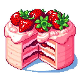 A vibrant pixel art depiction of a delicious cake topped with fresh strawberries, featuring intricate details in the pixelated design