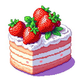 A vibrant pixel art depiction of a delicious cake topped with fresh strawberries, featuring intricate details in the pixelated design