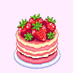 A vibrant pixel art depiction of a delicious cake topped with fresh strawberries, featuring intricate details in the pixelated design