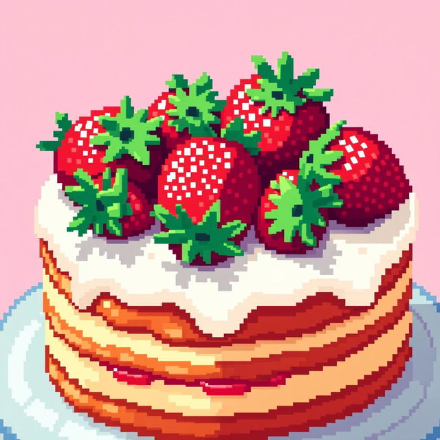 A vibrant pixel art depiction of a delicious cake topped with fresh strawberries, featuring intricate details in the pixelated design