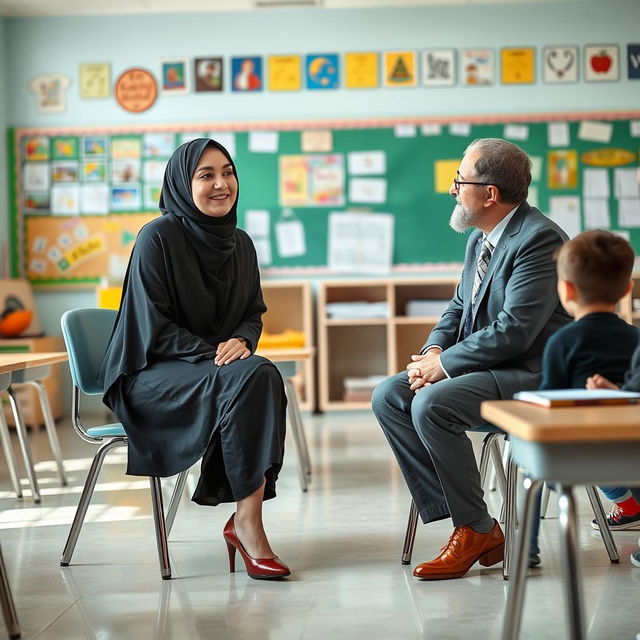 An Iranian Muslim woman, 35 years old, wearing a traditional black chador that beautifully contrasts with her stylish short pants and elegant heels