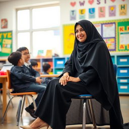 An Iranian Muslim woman, 35 years old, wearing a traditional black chador that beautifully contrasts with her stylish short pants and elegant heels