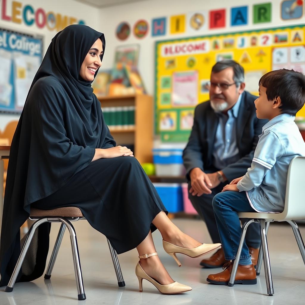 An Iranian Muslim woman, 35 years old, wearing a traditional black chador that beautifully contrasts with her stylish short pants and elegant heels