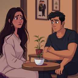 An emotional scene between two characters, Nidhi and Ravi, in a cozy indoor setting