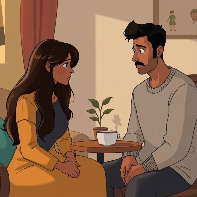 An emotional scene between two characters, Nidhi and Ravi, in a cozy indoor setting